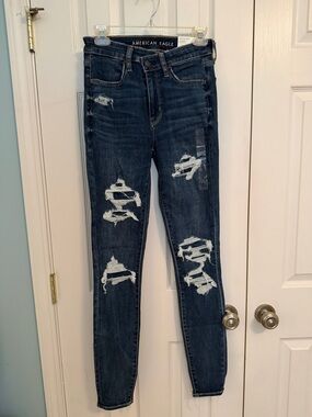 American Eagle Dark Wash Ripped Skinny High Rise Jeggings 6 X-long NWT Stretch